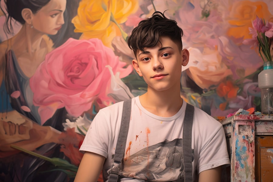 Non-binary teenager, radiating joy with a happy face, participates in an underwear model photoshoot. Captured in full body view, they sport a clean haircut and are binding their chest, presenting an image of comfort and self-expression.